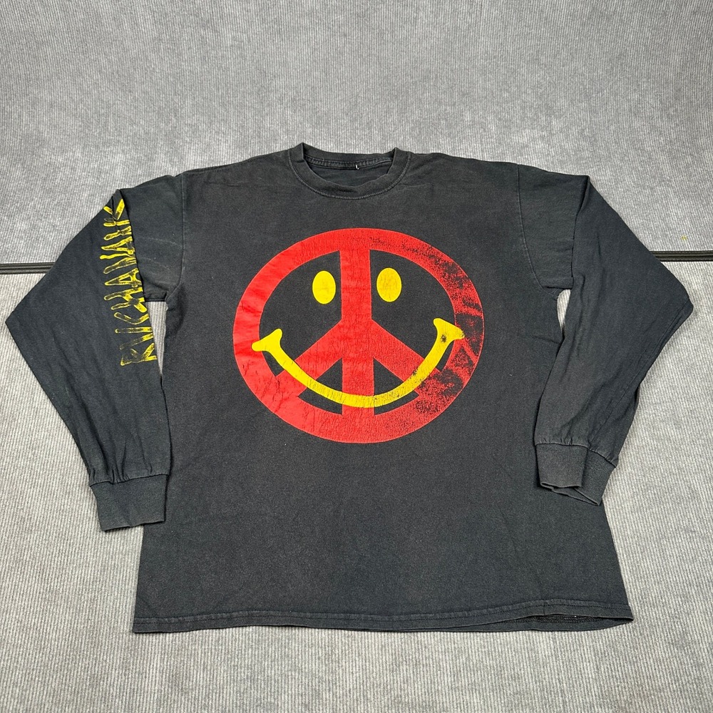 Richmanik Peace Smiley Face Graphic Long Sleeve T-Shirt Black‎ Mens XL